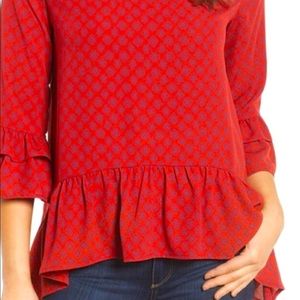Gibson peplum blouse in red & blue print medium
